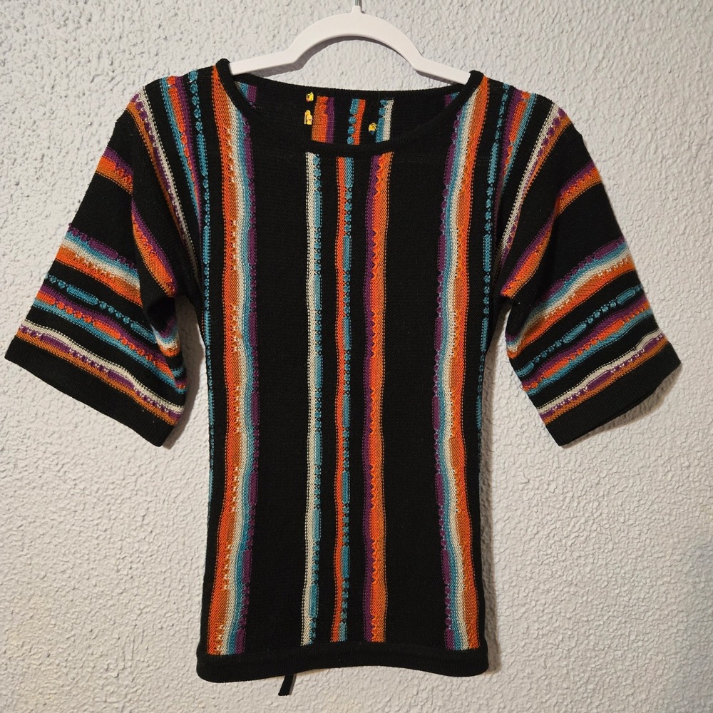 Vintage 70s Striped Knit Tie Back Short Sleeve Top S Eclectic Festival Retro